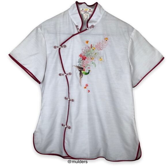 Vintage Tops - Vintage Golden Bee Asian Chinese White Peacock Embroidered Button Up Shirt